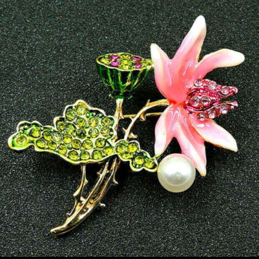 Hot Pink ORCHID Lotus Pearl Flower Pendant Brooch - Picture 4 of 8